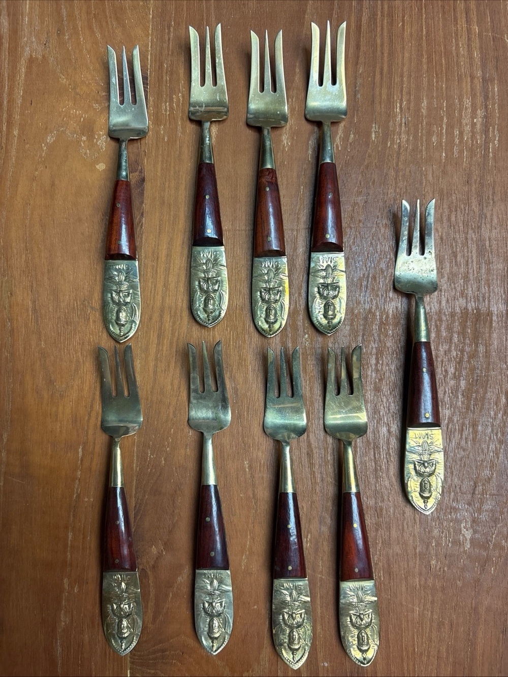 Vintage Siam Thailand Fork Dessert Appetizer 9 pcs Silverware Brass Wood Handle